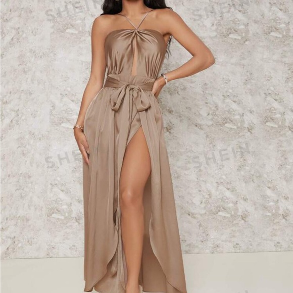 LIKE NEW Women's Satin Silk Halter High Slit Flowy Cocktail Party Slip Dress - Picture 6 of 7
